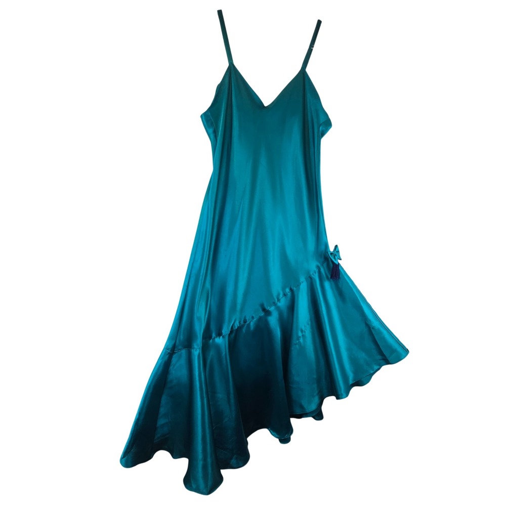 Victoria Secret Gold Label Satin Slip Dress Womens M Teal Vintage 90s Y2K Ruffle